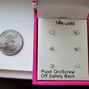 3 pair 14k gold cz screw on studs